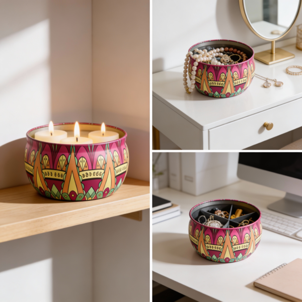 Mandala Metal Storage Tin 7.5 × 5 cm – Pink Tinplate Organizer with Yellow & Mint Green Design for Candles, Beads & Accessories (100g) - Image 2