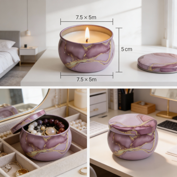 Mandala Metal Storage Tin 7.5 × 5 cm. Light Purple Tinplate Organizer with Dark Purple Marble Design for Candles, Beads & Accessories (100g) - Image 2