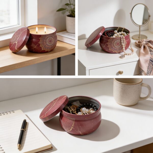 Mandala Metal Storage Tin 7.5 × 5 cm – Tinplate Organizer with Marble Mandala Design for Candles, Beads & Accessories (100g) - Image 2