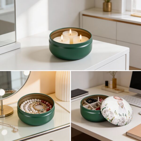 Decorative Metal Storage Tins, Green and White Floral Pattern, Round Container with Lid, Multi-Purpose Organizer for Small Items and Candle Holder - Image 2