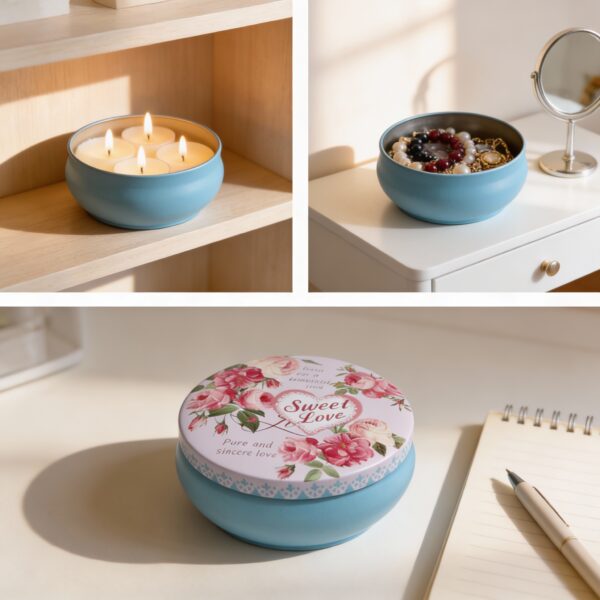 Metal Storage Tin. Blue Tinplate Organizer with Red Floral Lid & “Sweet Love” Heart Design for Candles & Accessories and storing Candles - Image 2