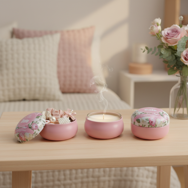 Pink Tinplate Storage Container with “Save the Date” Text. Floral Decorative Metal Tin for Accessories, Candles & Keepsakes (75g) - Image 2