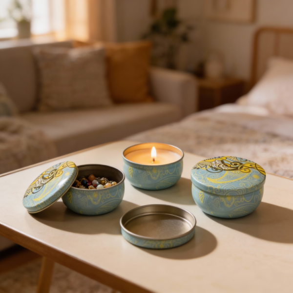 Baby Blue Tinplate Storage Tin with Yellow Design – Decorative Metal Organizer for Accessories & Candles (50g) - Image 2