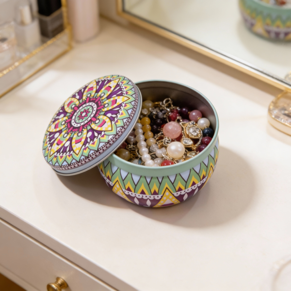Mandala Metal Storage Tin – Mint Green Tinplate Organizer with Pink, Yellow & Purple Design for Candles, Beads & Accessories – 100g, 7.5cm*5cm. - Image 2