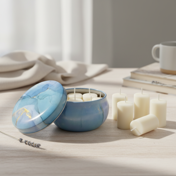 Mandala Metal Storage Tin 7.5 × 5 cm. Blue Tinplate Organizer with Marble Design for Candles, Beads & Accessories (100g) - Image 2