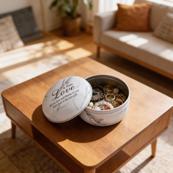 White Marble Metal Storage Tin – Durable, Lightweight Tinplate Container with “Love” Text – For Accessories, Beads & Candles – Decorative Organizer (75g) - Image 3