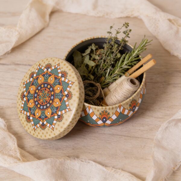 Brown Mandala Metal Storage Tin with Lid – 5x7.5 cm – Decorative, Reusable Container for Candles, Spices, Herbs, Beads, and Small Storage - Image 2