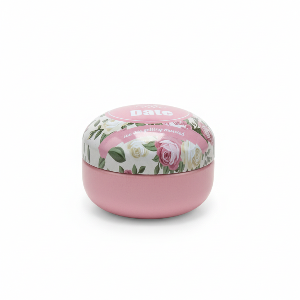 freepik__ecommerceready-white-background-with-shadow-produc__17557.png Pink Tinplate Storage Container with “Save the Date” Text. Floral Decorative Metal Tin for Accessories, Candles & Keepsakes (75g) - Image 1