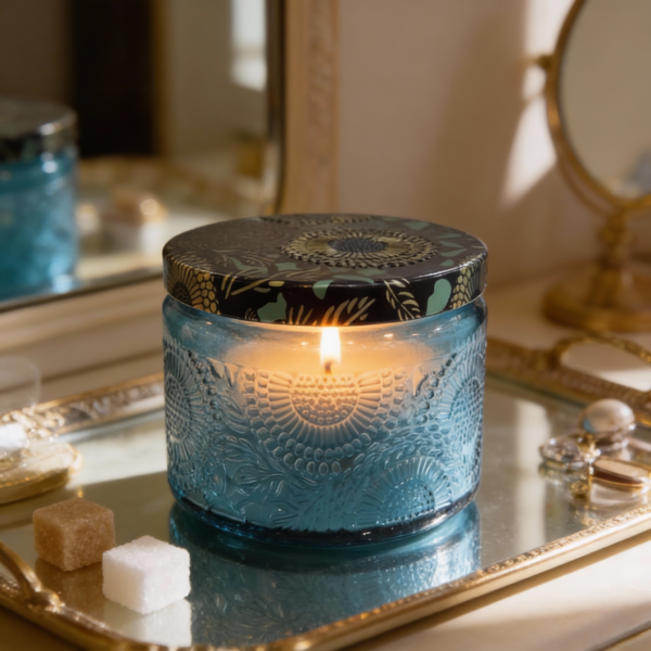 Blue Embossed Glass Storage Jar with Decorative Lid - Image 2