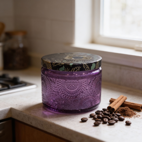 Purple Embossed Glass Storage Jar with Decorative Lid - Image 3