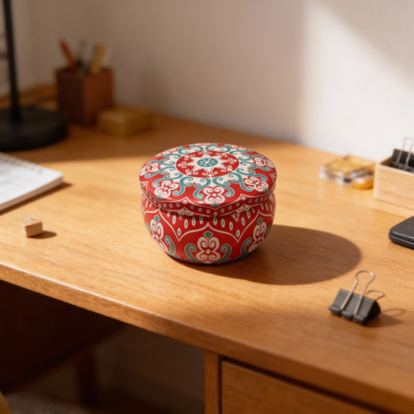 Metal Storage Tin with Mandala Design. Red Tinplate Organizer for Candles, Beads & Accessories. 100g Capacity, 7.5×5 cm - Image 2