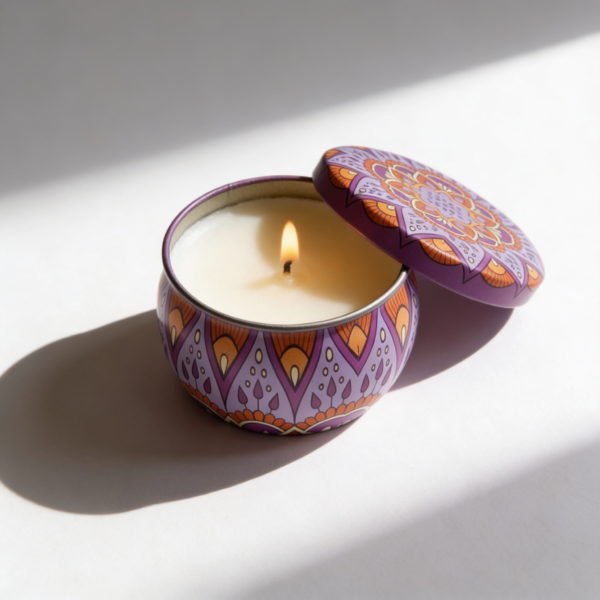 Mandala Metal Storage Tin 5 × 7.5 cm – Purple Tinplate Organizer with Orange Design (100g) - Image 2