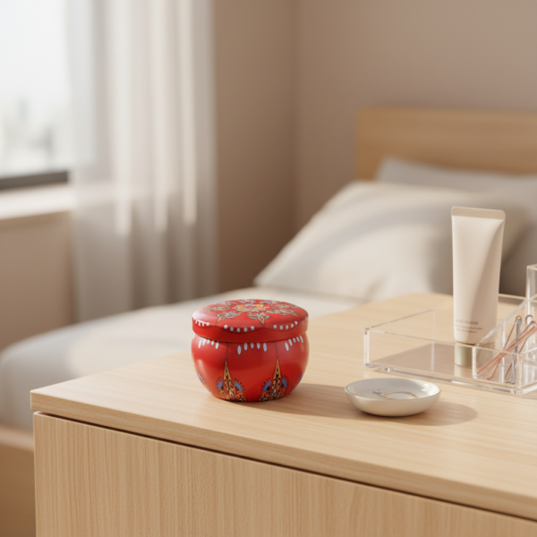 Mandala Metal Storage Tin 7.5 × 5 cm. Red Tinplate Organizer with Blue & Light Orange Design for Candles, Beads & Accessories (100g) - Image 3