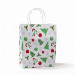 Christmas Cardboard Packing Bag 23×36 cm. White Holiday Packaging Bag with Red & Green Christmas Patterns for Storage, Shipping & Gifts