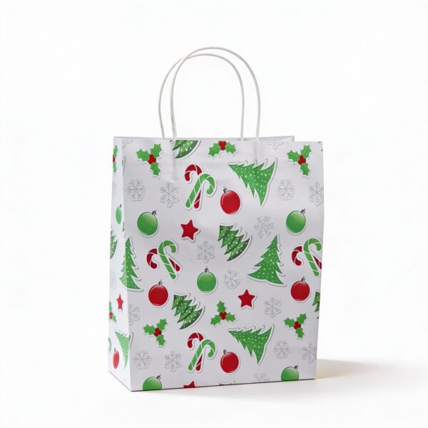 Christmas Cardboard Packing Bag 23×36 cm. White Holiday Packaging Bag with Red & Green Christmas Patterns for Storage, Shipping & Gifts