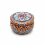 Mandala Metal Storage Tin 7.5 × 5 cm – Orange Tinplate Organizer with Blue & Red Design for Candles, Beads & Accessories (100g)