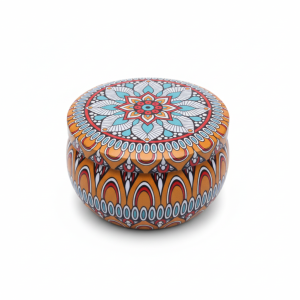 Mandala Metal Storage Tin 7.5 × 5 cm – Orange Tinplate Organizer with Blue & Red Design for Candles, Beads & Accessories (100g)