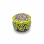 Mandala Metal Storage Tin – Yellow Tinplate Organizer with Purple Design for Candles, Beads & Accessories – 100g