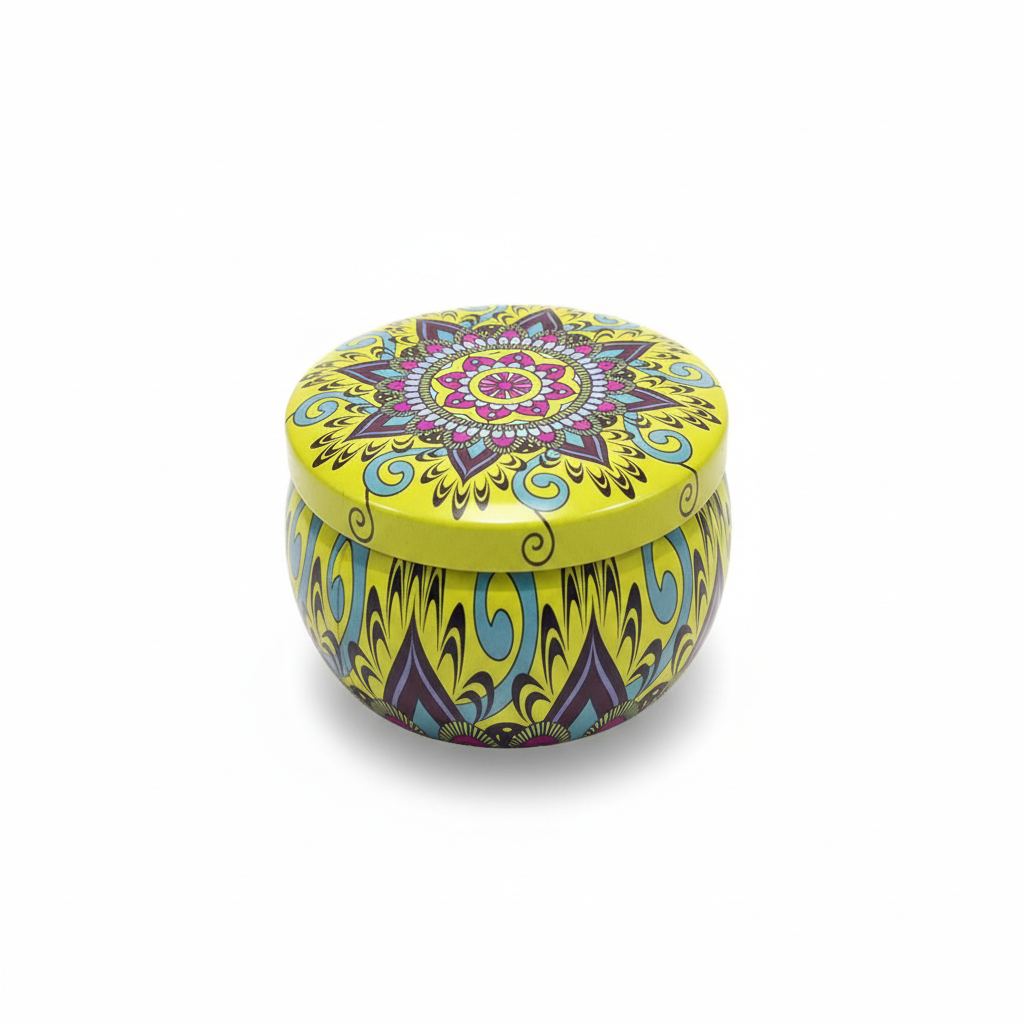 freepik__let-the-reference-image-be-high-quality-white-back__6240.png Mandala Metal Storage Tin – Yellow Tinplate Organizer with Purple Design for Candles, Beads & Accessories – 100g - Image 1