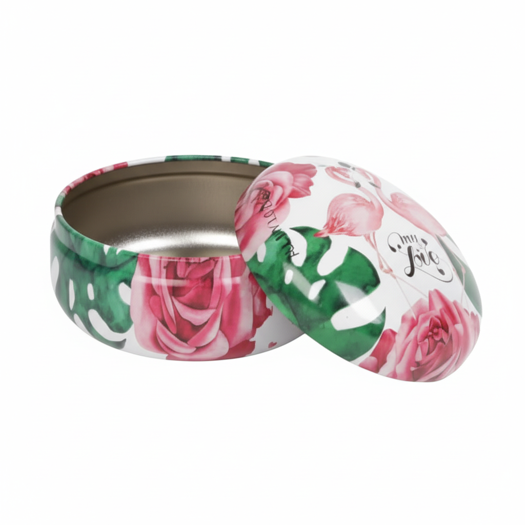freepik__let-the-reference-image-be-only-one-storage-tinpla__79240.png Round Tinplate Storage Jar, Floral Tropical Design, Metal Candle Holders, Accessories Organizer Containers and Keepsakes - Image 1