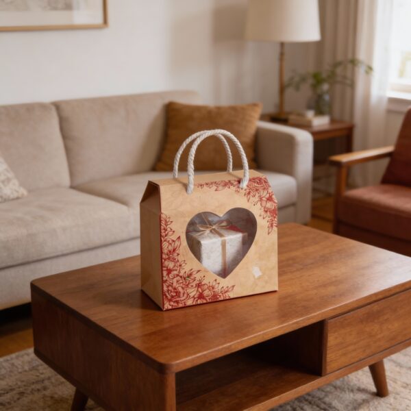 Cute Cartoon Brown Gift Bag with Heart Window - Image 2
