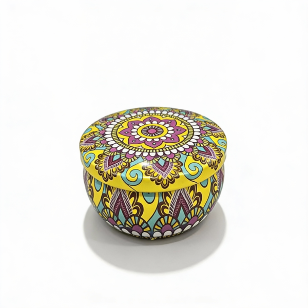 Yellow Tinplate Storage Tin with Dark Purple Design – Decorative Metal Organizer for Accessories & Candles (50g)