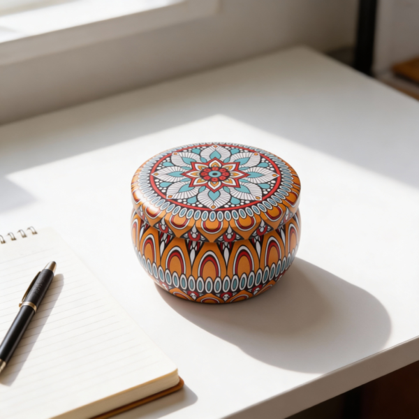 Mandala Metal Storage Tin 7.5 × 5 cm – Orange Tinplate Organizer with Blue & Red Design for Candles, Beads & Accessories (100g) - Image 3