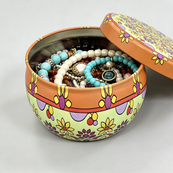 Mandala Metal Storage Tin 5 × 7.5 cm. Mint Green Tinplate Organizer with Orange, Purple & Yellow Design foe storing Candles, Accessories, Beads(100g) - Image 2