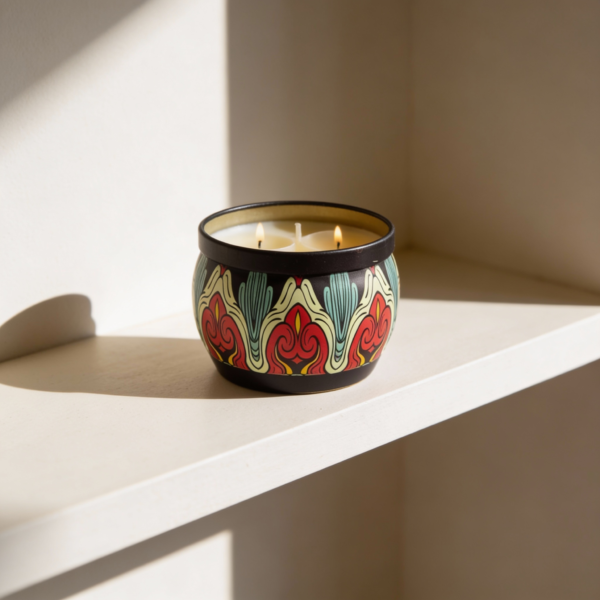 Mandala Metal Storage Tin 5 × 7.5 cm – Black Tinplate Organizer with Yellow, Mint Green & Red Design (100g) - Image 2