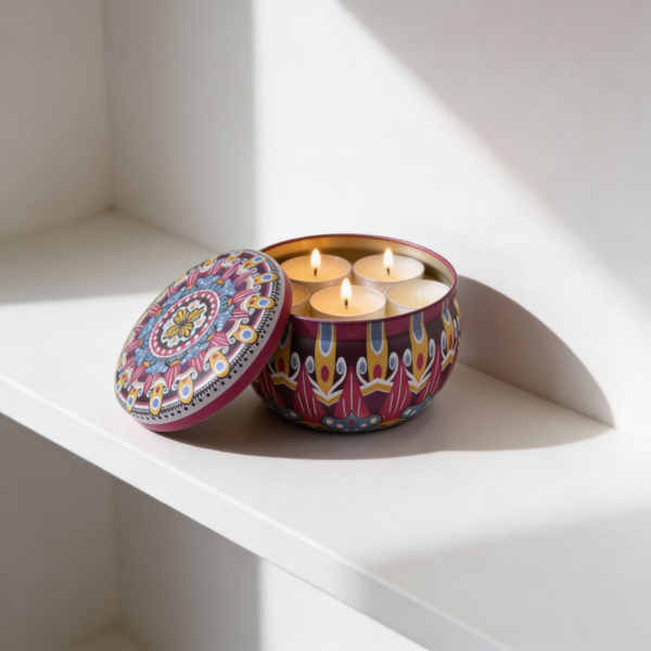 Mandala Metal Storage Tin 7.5 × 5 cm. Dark Purple Tinplate Organizer with Yellow & Blue Design for Candles, Beads & Accessories (100g) - Image 2