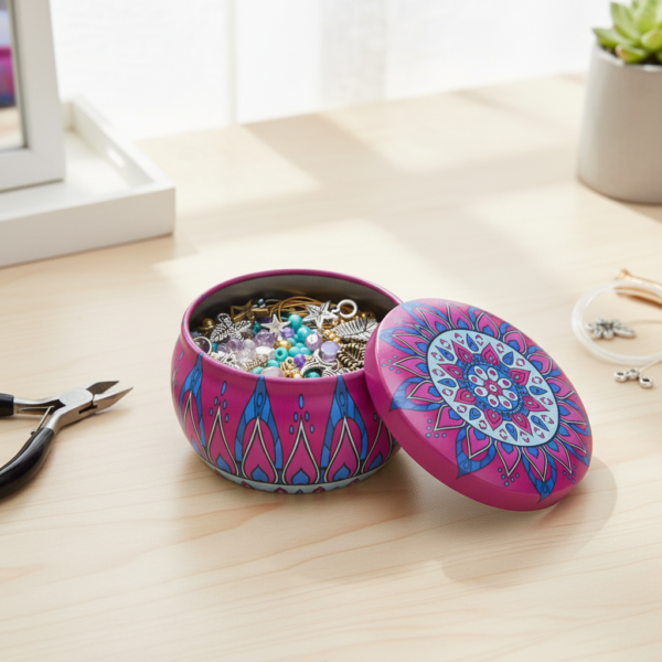 Mandala Metal Storage Tin 7.5 × 5 cm. Pink Tinplate Organizer with Blue Design for Candles, Beads & Accessories (100g) - Image 2