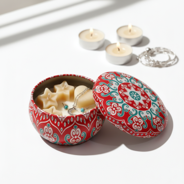 Metal Storage Tin with Mandala Design. Red Tinplate Organizer for Candles, Beads & Accessories. 100g Capacity, 7.5×5 cm - Image 3