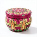 Mandala Metal Storage Tin 7.5 × 5 cm – Pink Tinplate Organizer with Yellow & Mint Green Design for Candles, Beads & Accessories (100g)