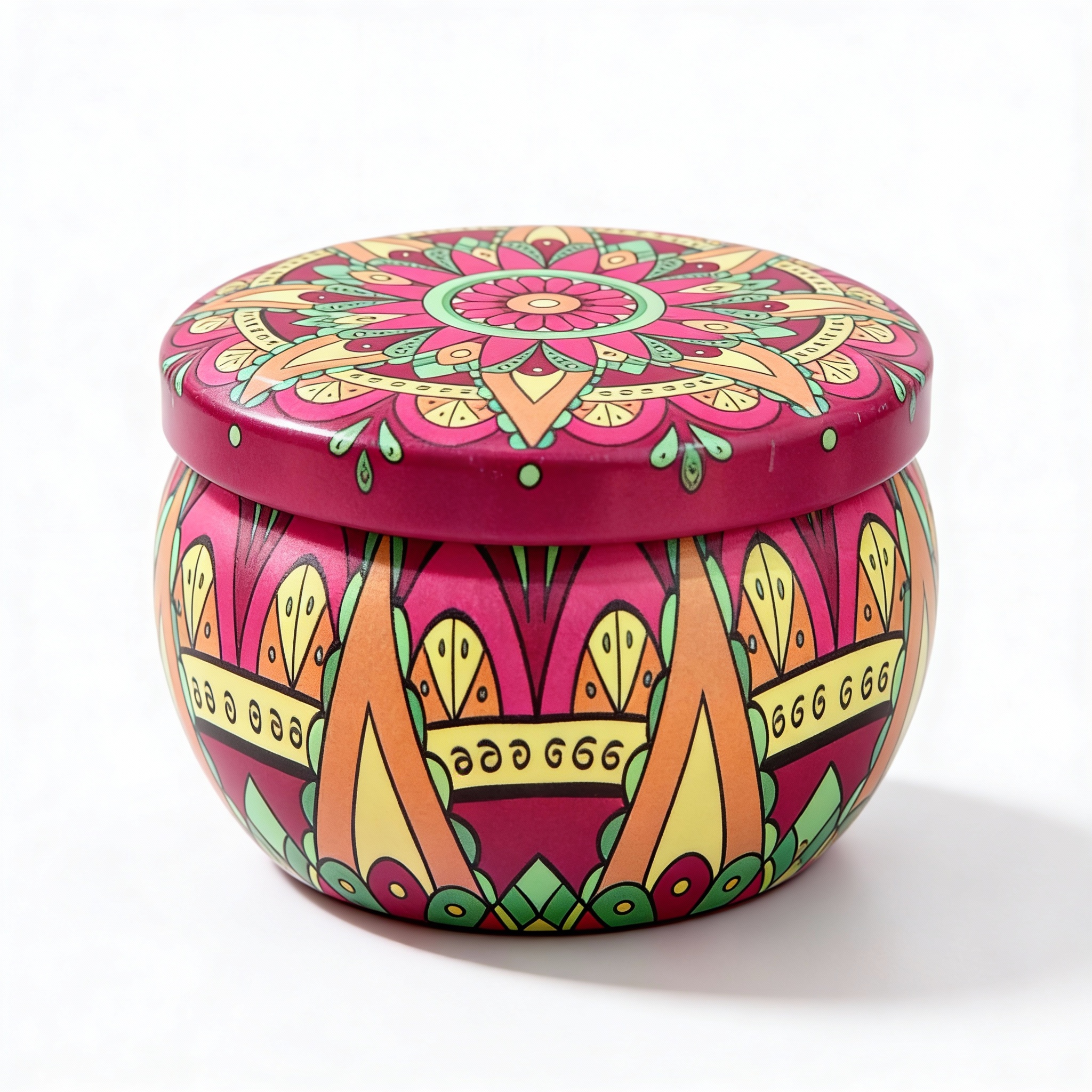 freepik__storing-jar-centered-on-clean-white-background-sub__6779.jpeg Mandala Metal Storage Tin 7.5 × 5 cm – Pink Tinplate Organizer with Yellow & Mint Green Design for Candles, Beads & Accessories (100g) - Image 1