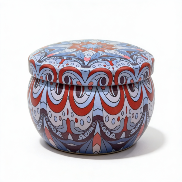 Mandala Metal Storage Tin 7.5 × 5 cm. Blue Tinplate Organizer with Red Design for Candles, Beads & Accessories (100g)