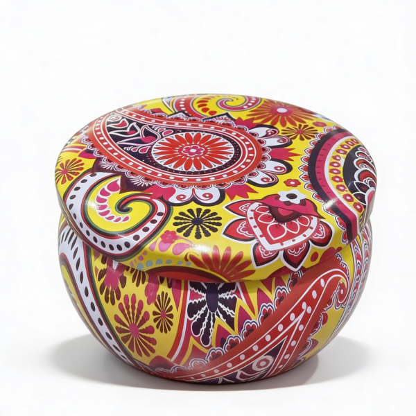 Yellow Tinplate Organizer with Red, Pink & Blue Design for Candles, Beads & Accessories – 100g