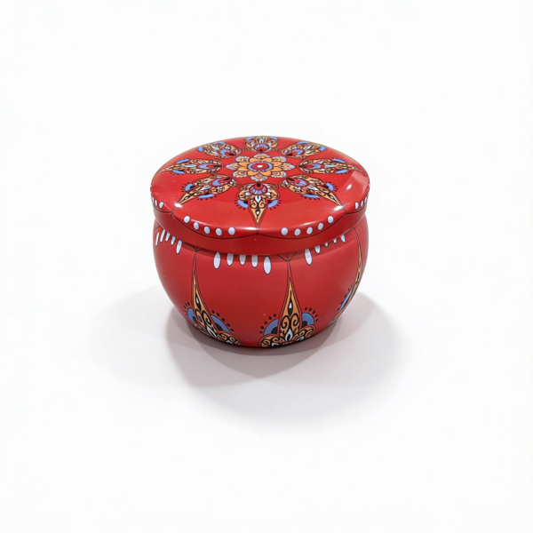 Mandala Metal Storage Tin 7.5 × 5 cm. Red Tinplate Organizer with Blue & Light Orange Design for Candles, Beads & Accessories (100g)