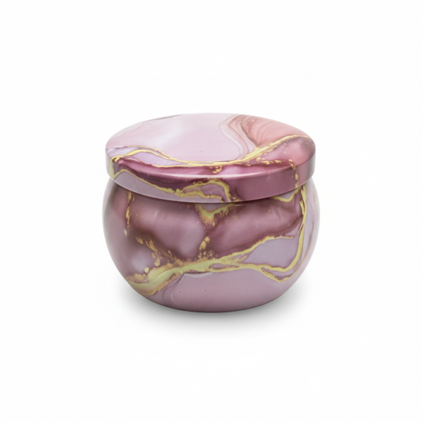 Mandala Metal Storage Tin 7.5 × 5 cm. Light Purple Tinplate Organizer with Dark Purple Marble Design for Candles, Beads & Accessories (100g)