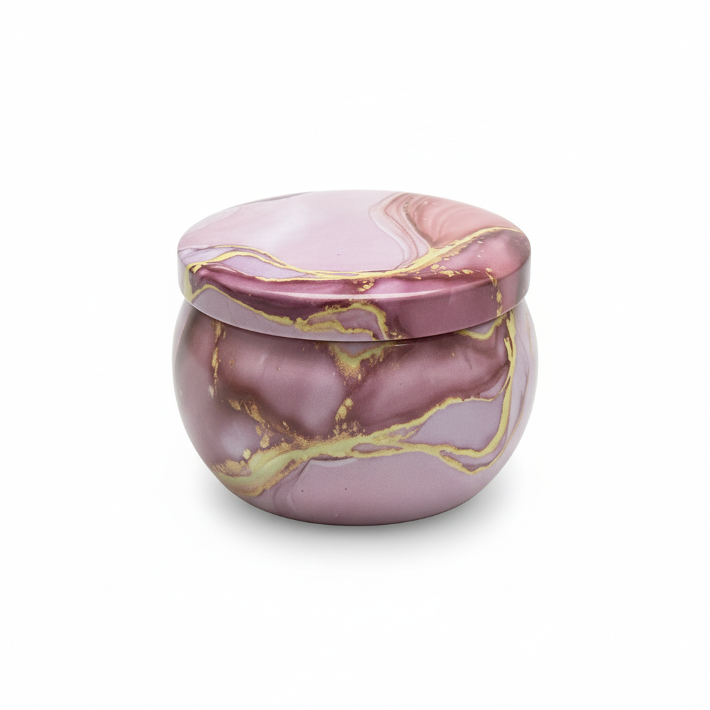 freepik__storing-jar-isolated-on-seamless-white-backdrop-wi__6787.png Mandala Metal Storage Tin 7.5 × 5 cm. Light Purple Tinplate Organizer with Dark Purple Marble Design for Candles, Beads & Accessories (100g) - Image 1