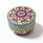 Mandala Metal Storage Tin – Mint Green Tinplate Organizer with Pink, Yellow & Purple Design for Candles, Beads & Accessories – 100g, 7.5cm*5cm.