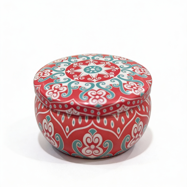 Metal Storage Tin with Mandala Design. Red Tinplate Organizer for Candles, Beads & Accessories. 100g Capacity, 7.5×5 cm