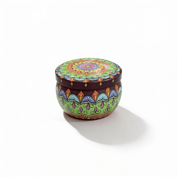 Mandala Metal Storage Tin 5 × 7.5 cm – Green Tinplate Organizer with Yellow & Brown Design (100g)