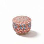 Mandala Metal Storage Tin 7.5 × 5 cm – Light Orange Tinplate Organizer with Red & Blue Design for Candles, Beads & Accessories (100g)