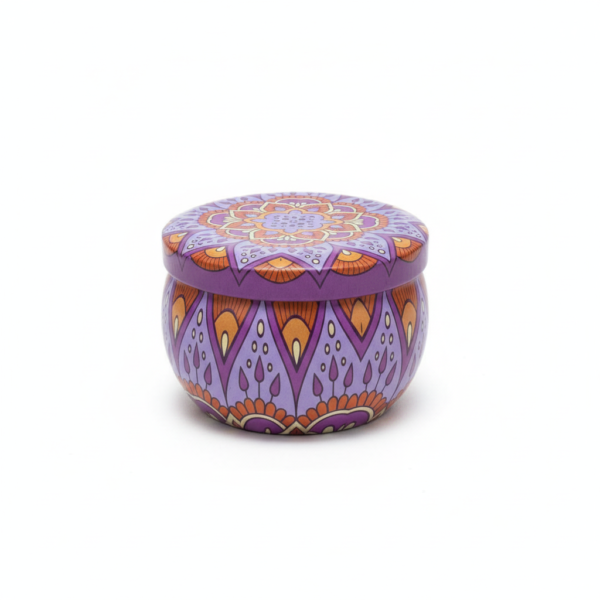 Mandala Metal Storage Tin 5 × 7.5 cm – Purple Tinplate Organizer with Orange Design (100g)