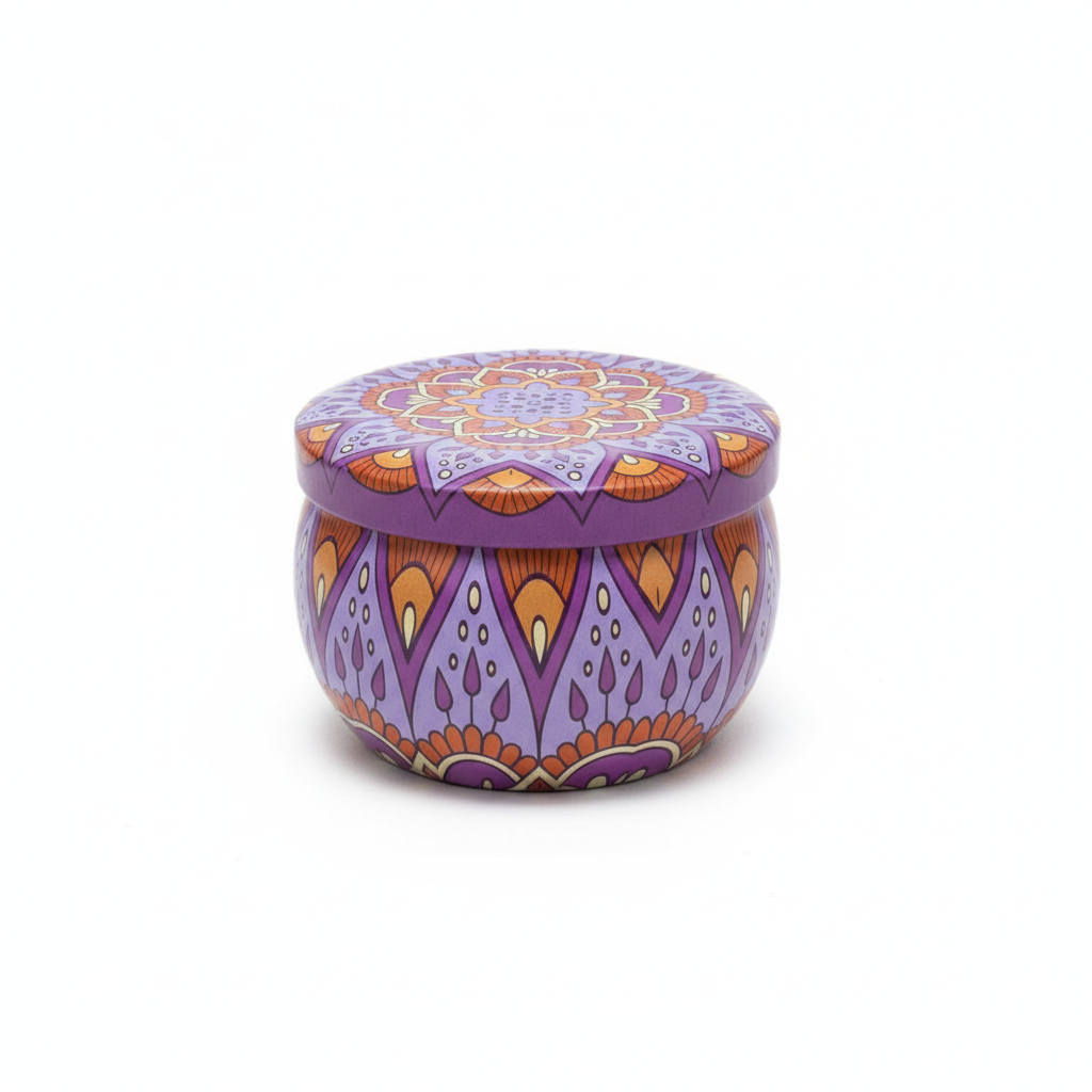 freepik__storing-jar-photographed-on-white-background-with-__23986.png Mandala Metal Storage Tin 5 × 7.5 cm – Purple Tinplate Organizer with Orange Design (100g) - Image 1