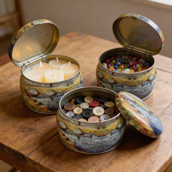 Light Blue Metal Storage Jar with Lid – Sea, & Tiny Fishermen Design – 5x7.5 cm – Decorative, Reusable for Candles, Spices, Herbs, Beads, and Small Storage - Image 4