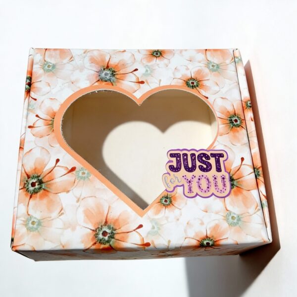 Orange Gift Box with Heart Window “Just for You”. Decorative Gift Packaging Box 4×10×10 cm for Small Gifts, and Packaging Boxes