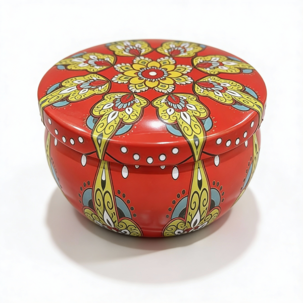 Red Tinplate Storage Tin with Yellow Design – Decorative Metal Organizer for Accessories & Candles (50g)