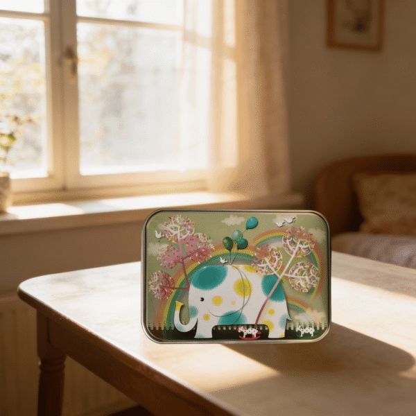 Silver Metal Tinplate Storage Container with Green Elephant Lid – 100g Decorative Tin for Candles, Accessories & Beads - Image 2