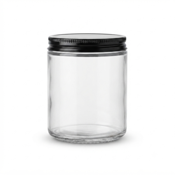 Clear Glass Storage Jars with Black Lids, 200g Heat Resistant Candle Making Containers, Decorative Spice Herb Wax Holders, 7×9 cm.